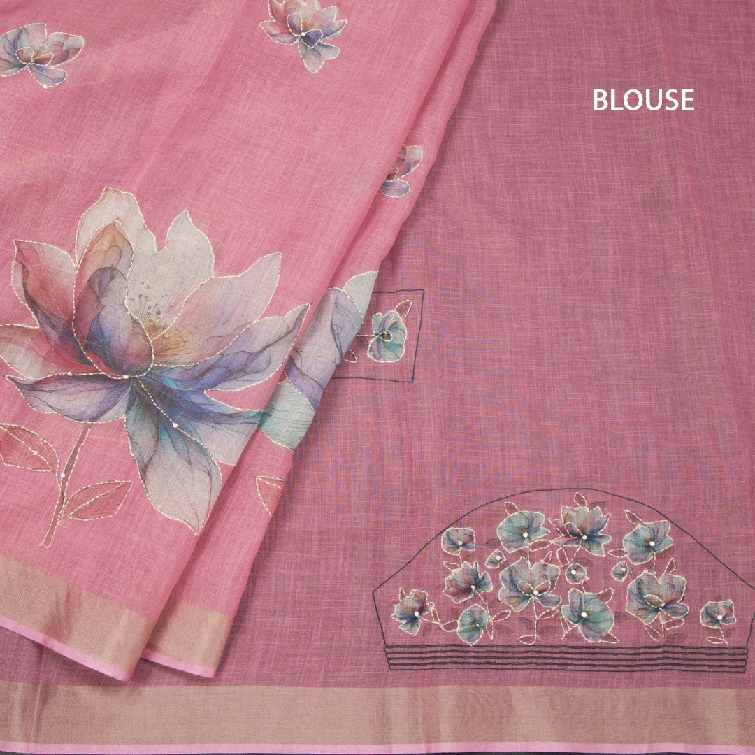 Linen Rose Pink Saree With Floral Painted Sequence Work 02