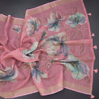 Linen Rose Pink Saree With Floral Painted Sequence Work 02