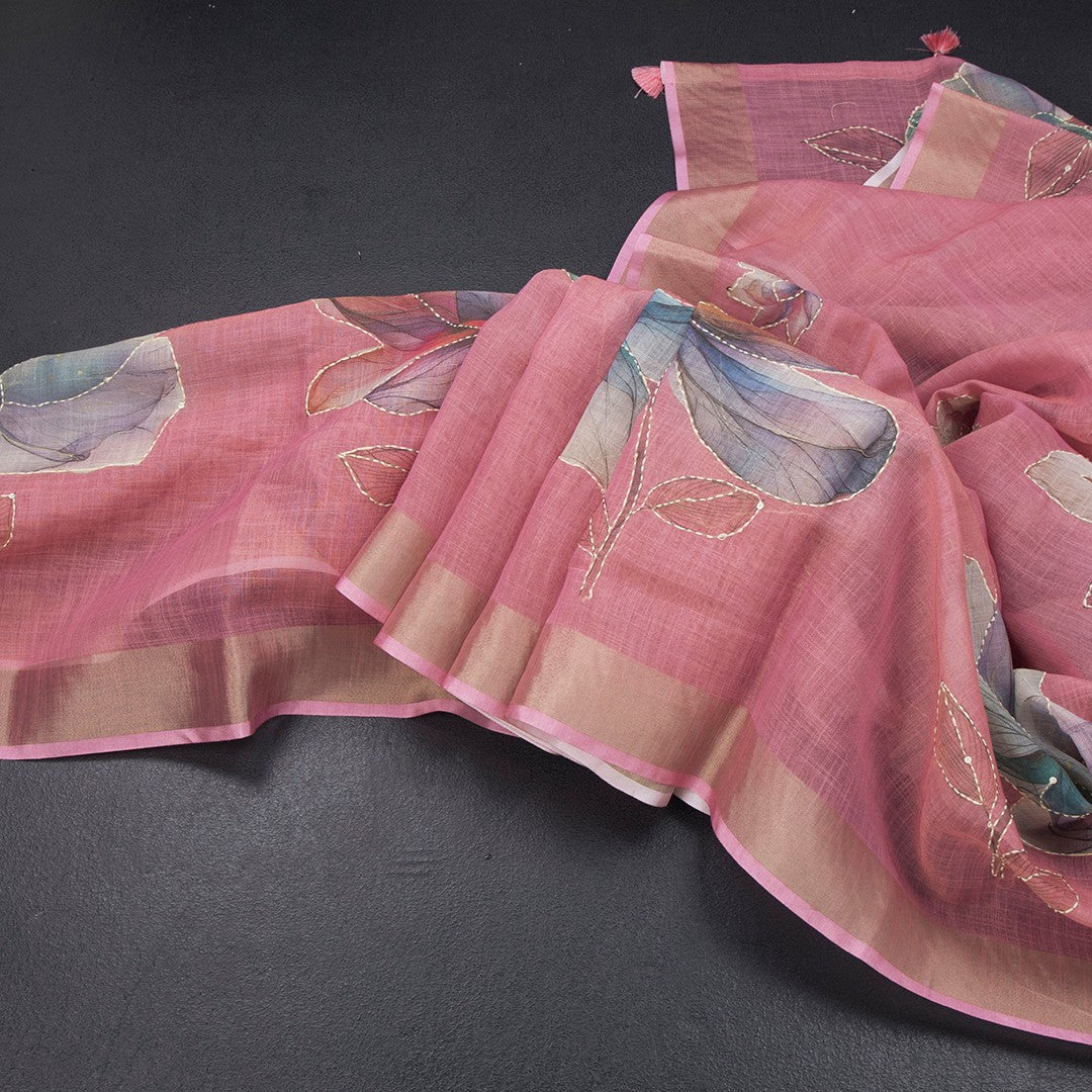 Linen Rose Pink Saree With Floral Painted Sequence Work 02