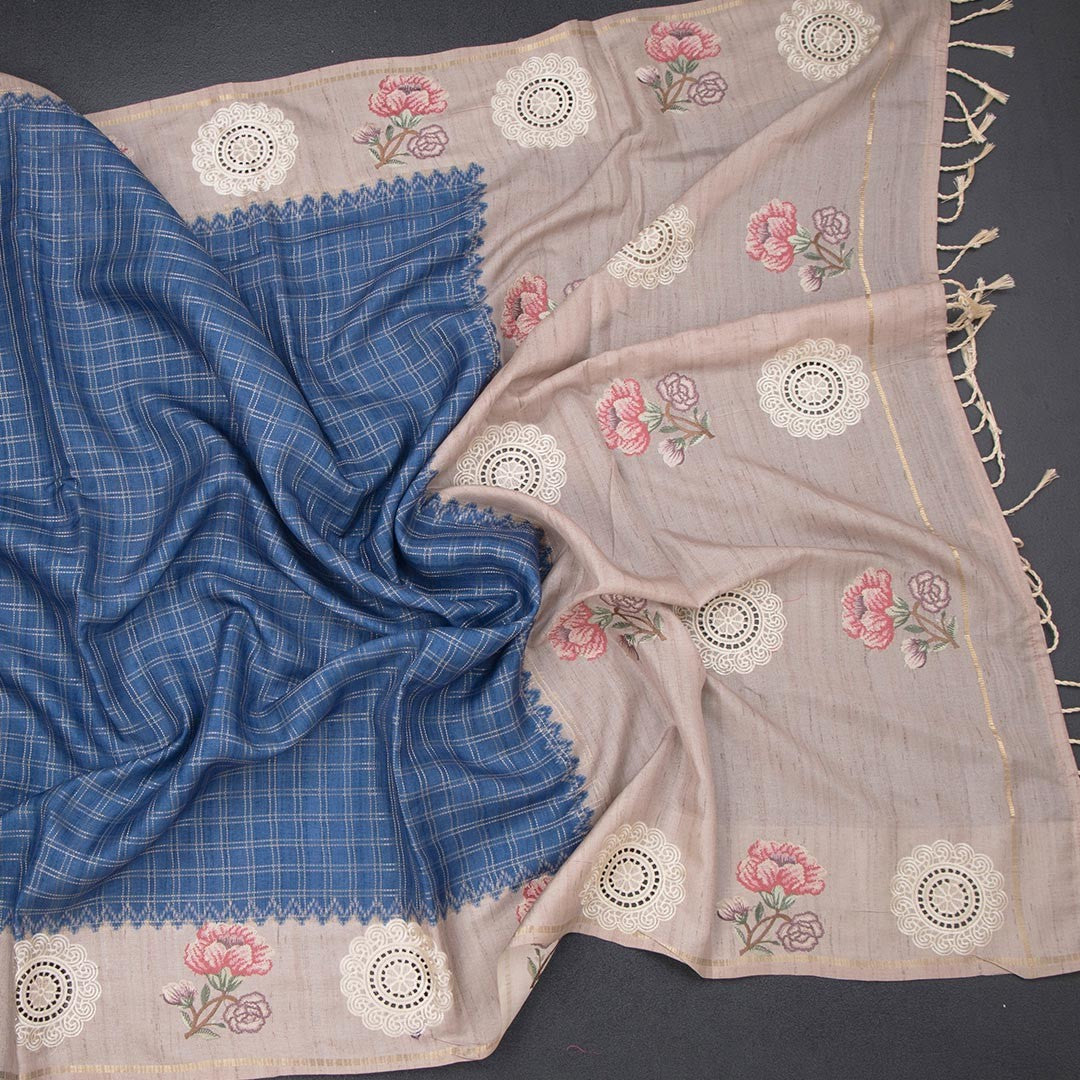 Raw Silk Cobalt Blue Zari Checked Saree And Cut Work Border