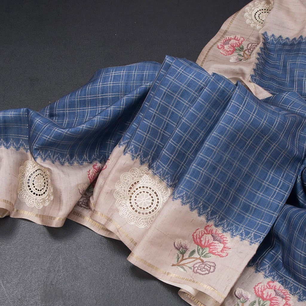 Raw Silk Cobalt Blue Zari Checked Saree And Cut Work Border