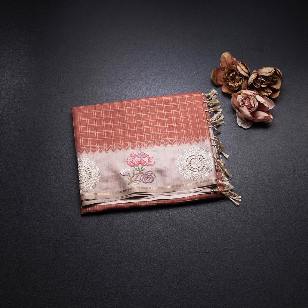 Raw Silk Light Brick Red Zari Checked Saree And Cut Work Border