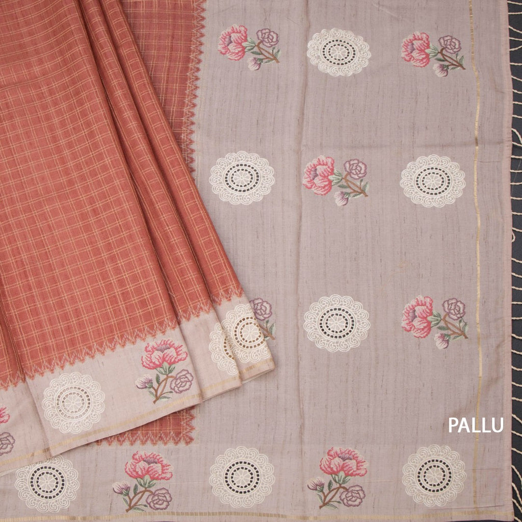 Raw Silk Light Brick Red Zari Checked Saree And Cut Work Border
