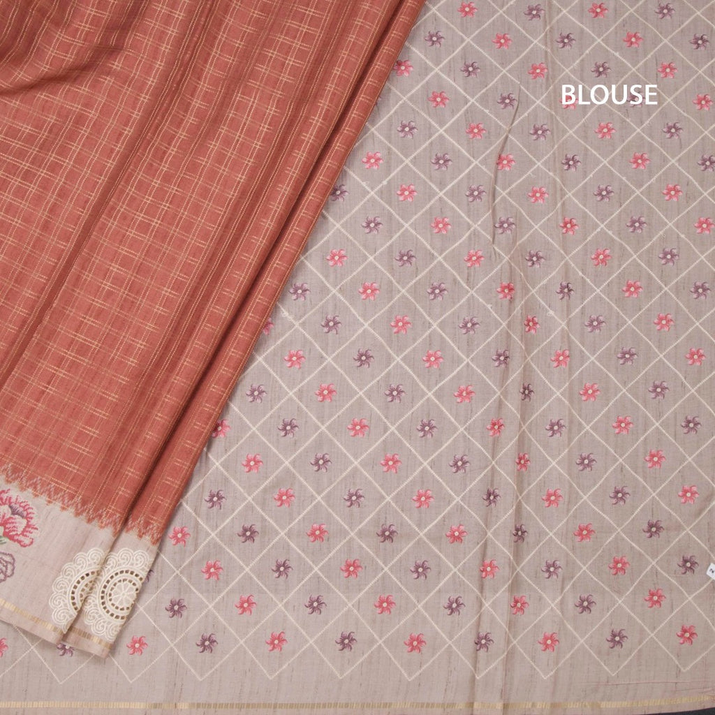 Raw Silk Light Brick Red Zari Checked Saree And Cut Work Border