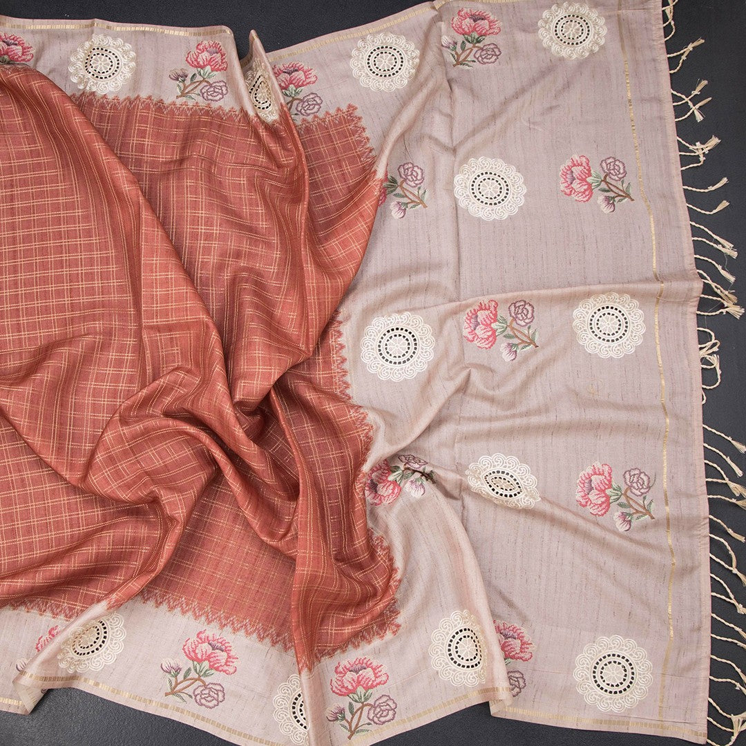 Raw Silk Light Brick Red Zari Checked Saree And Cut Work Border