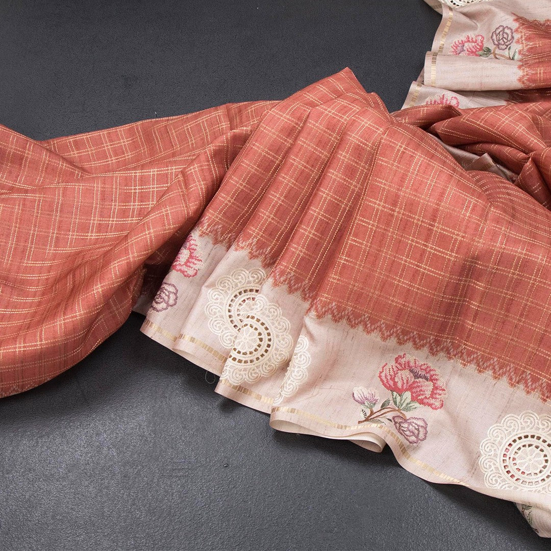 Raw Silk Light Brick Red Zari Checked Saree And Cut Work Border