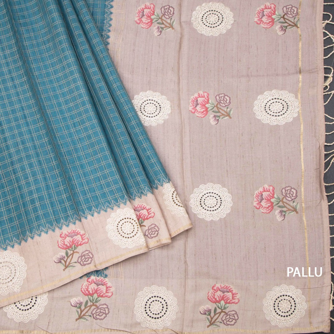 Raw Silk Peacock Blue Zari Checked Saree And Cut Work Border