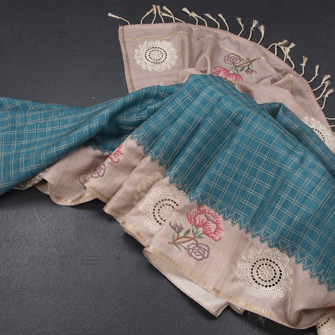 Raw Silk Peacock Blue Zari Checked Saree And Cut Work Border