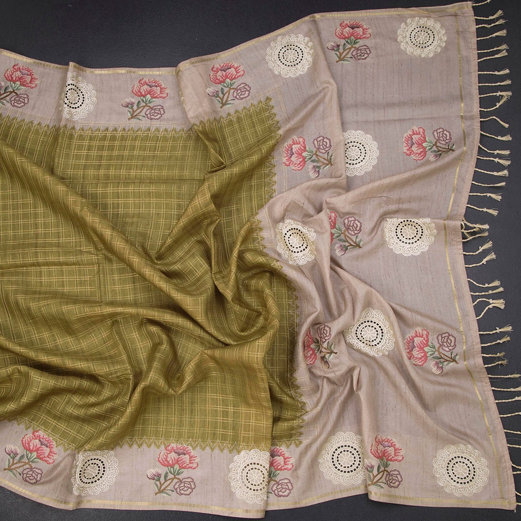 Raw Silk Mehandi Green Zari Checked Saree And Cut Work Border