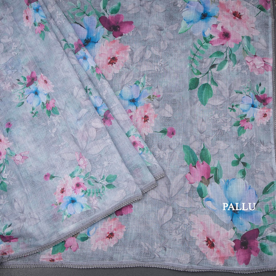 Semi Linen Grey Floral Printed Saree 07