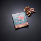Raw Silk Pista Green Zari Checked With floral Printed Saree And Zari Border