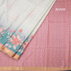 Raw Silk Pista Green Zari Checked With floral Printed Saree And Zari Border