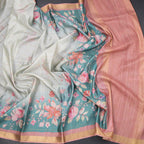 Raw Silk Pista Green Zari Checked With floral Printed Saree And Zari Border