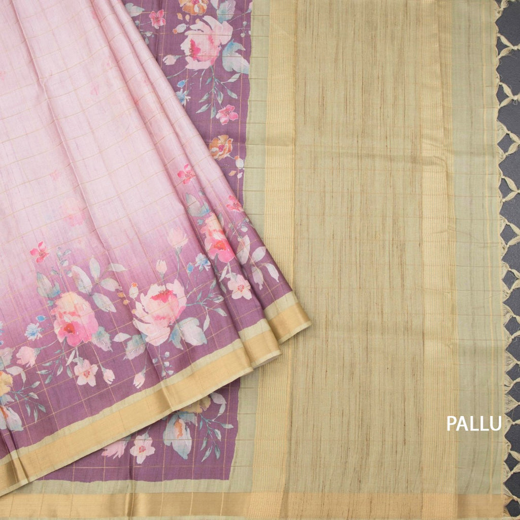 Raw Silk Baby Pink Zari Checked With floral Printed Saree And Zari Border