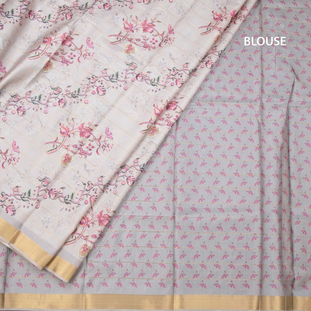 Raw Silk Cream Zari Checked With floral Printed Saree And Zari Border