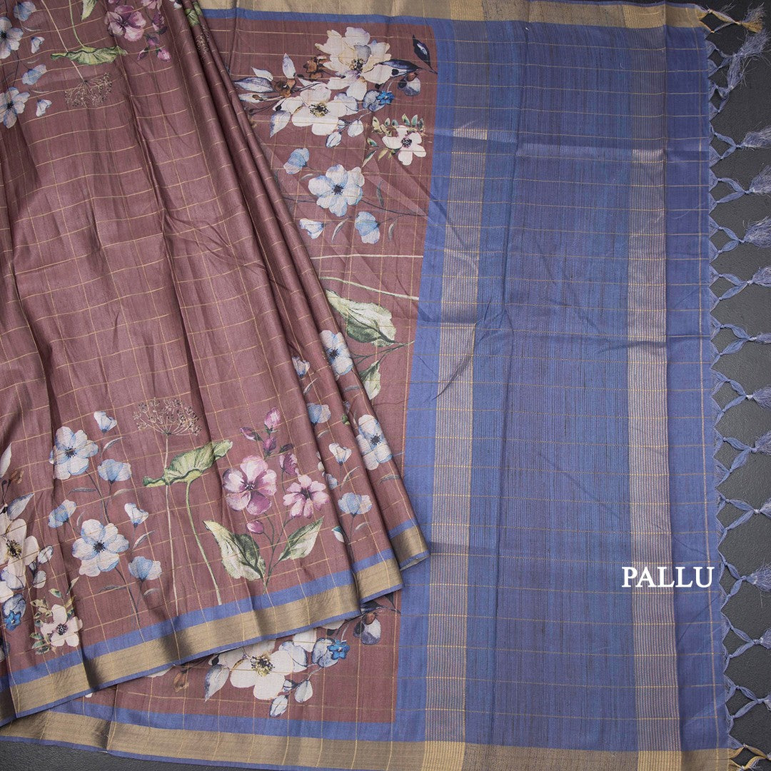 Raw Silk Cinnamon Brown Zari Checked With floral Printed Saree And Zari Border