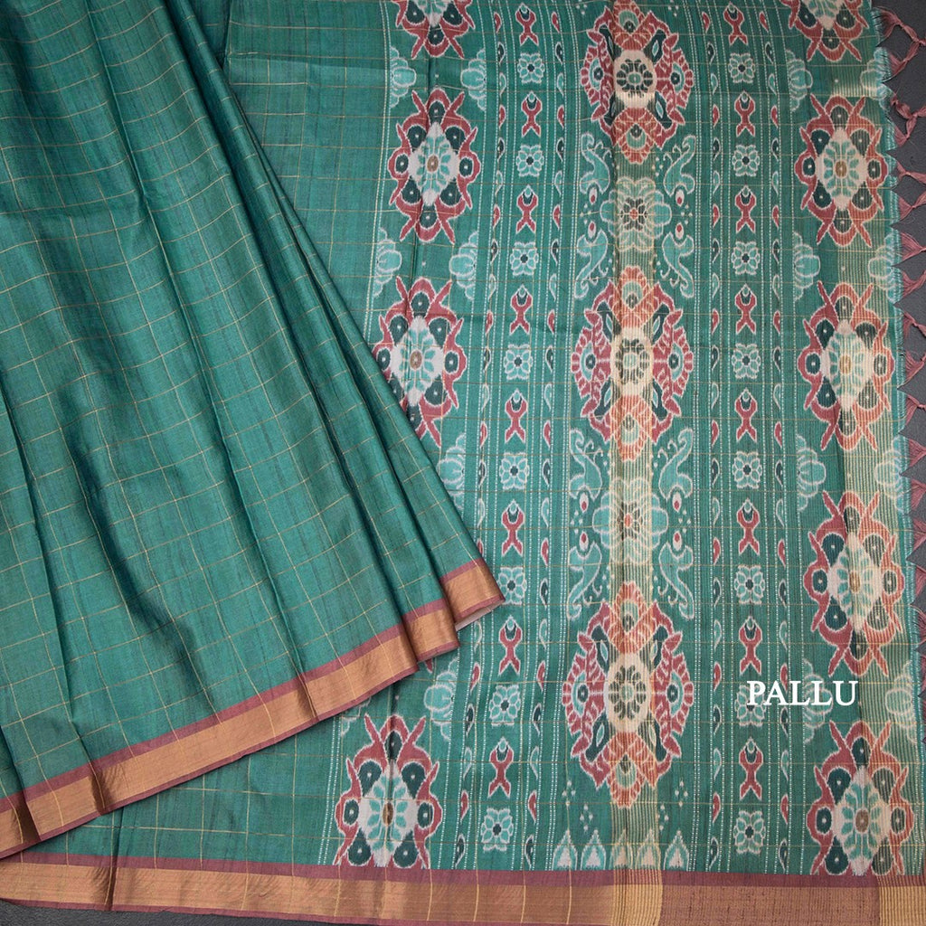 Raw Silk Jade Green Zari Checked Saree And Zari Border