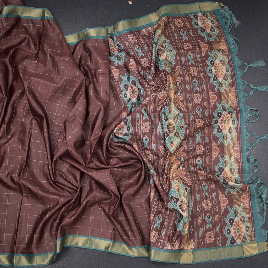 Raw Silk Cinnamon Brown Zari Checked Saree And Zari Border