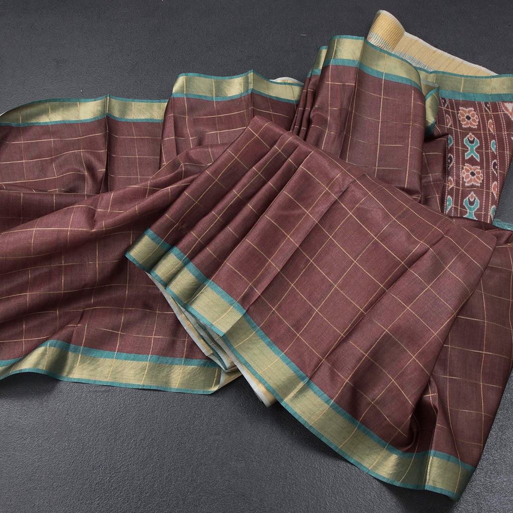 Raw Silk Cinnamon Brown Zari Checked Saree And Zari Border