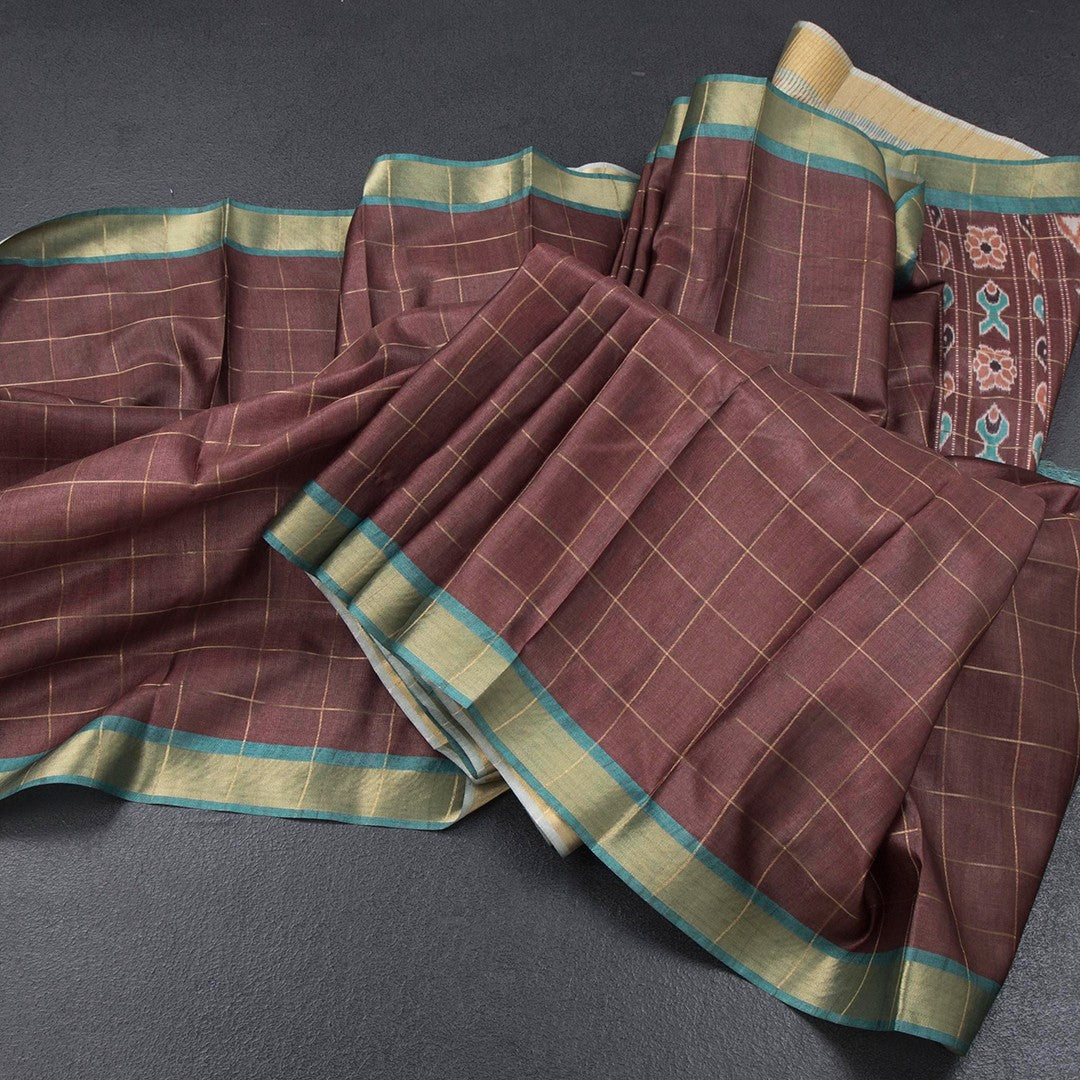 Raw Silk Cinnamon Brown Zari Checked Saree And Zari Border