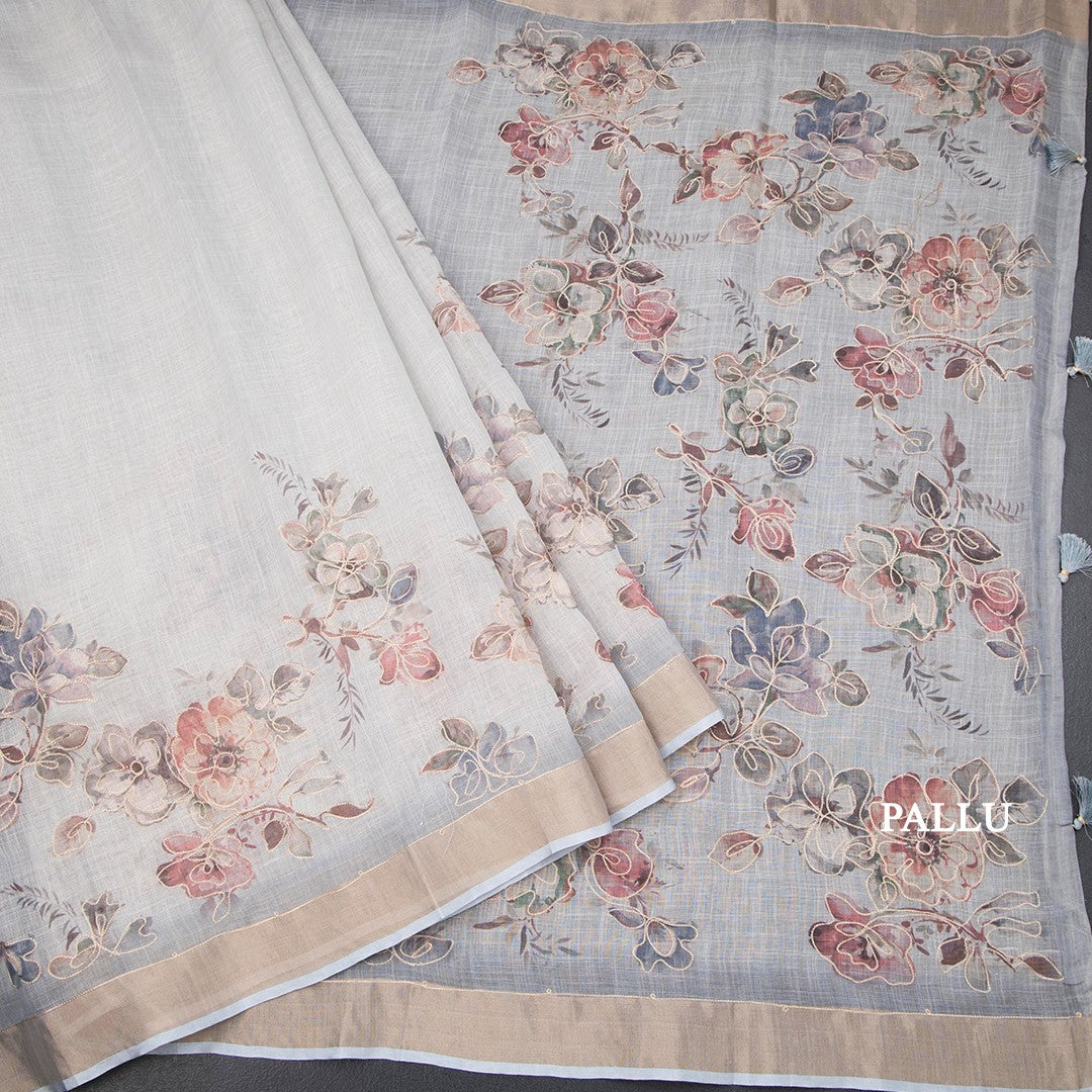 Linen Light Grey Floral Painted With Zari Work Saree