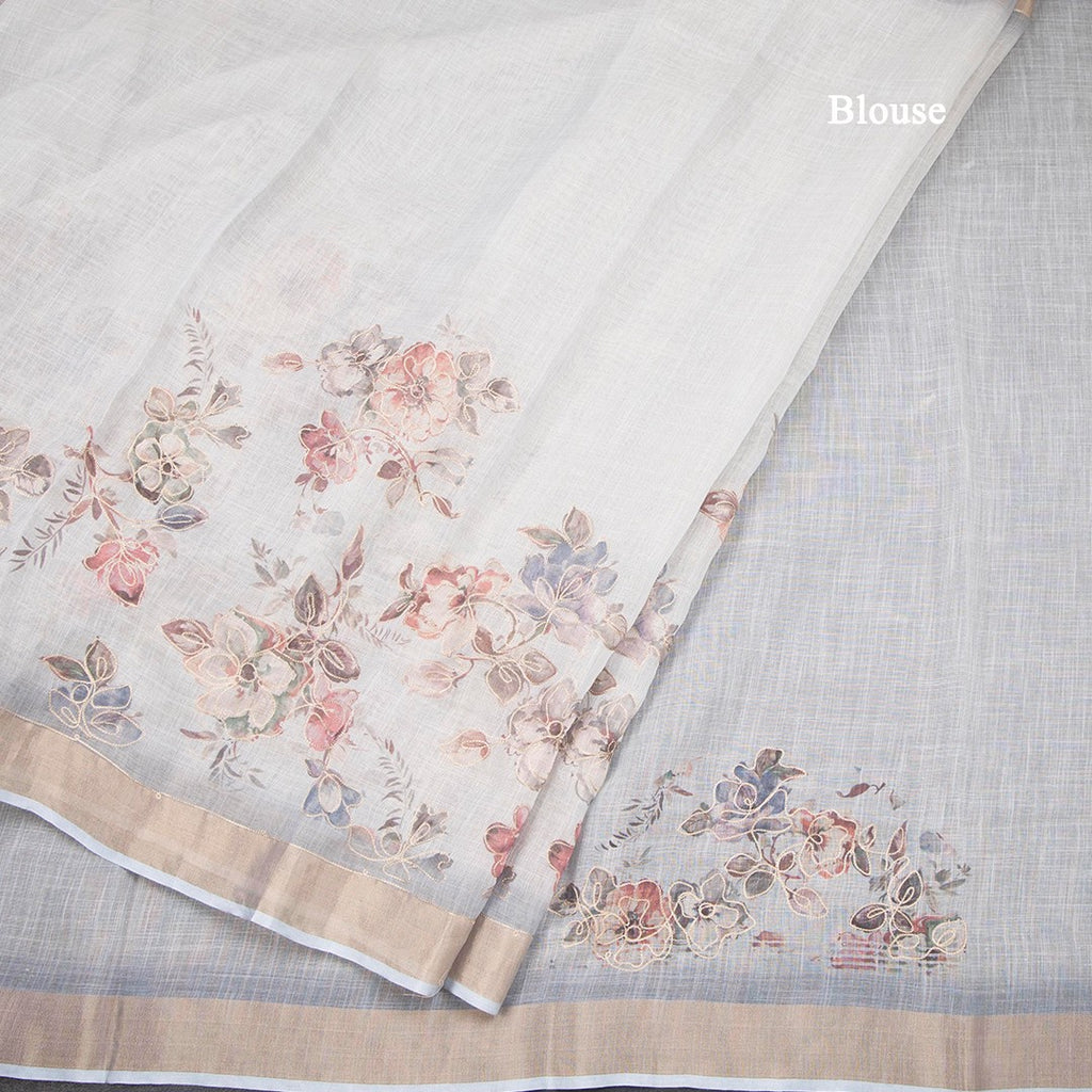 Linen Light Grey Floral Painted With Zari Work Saree