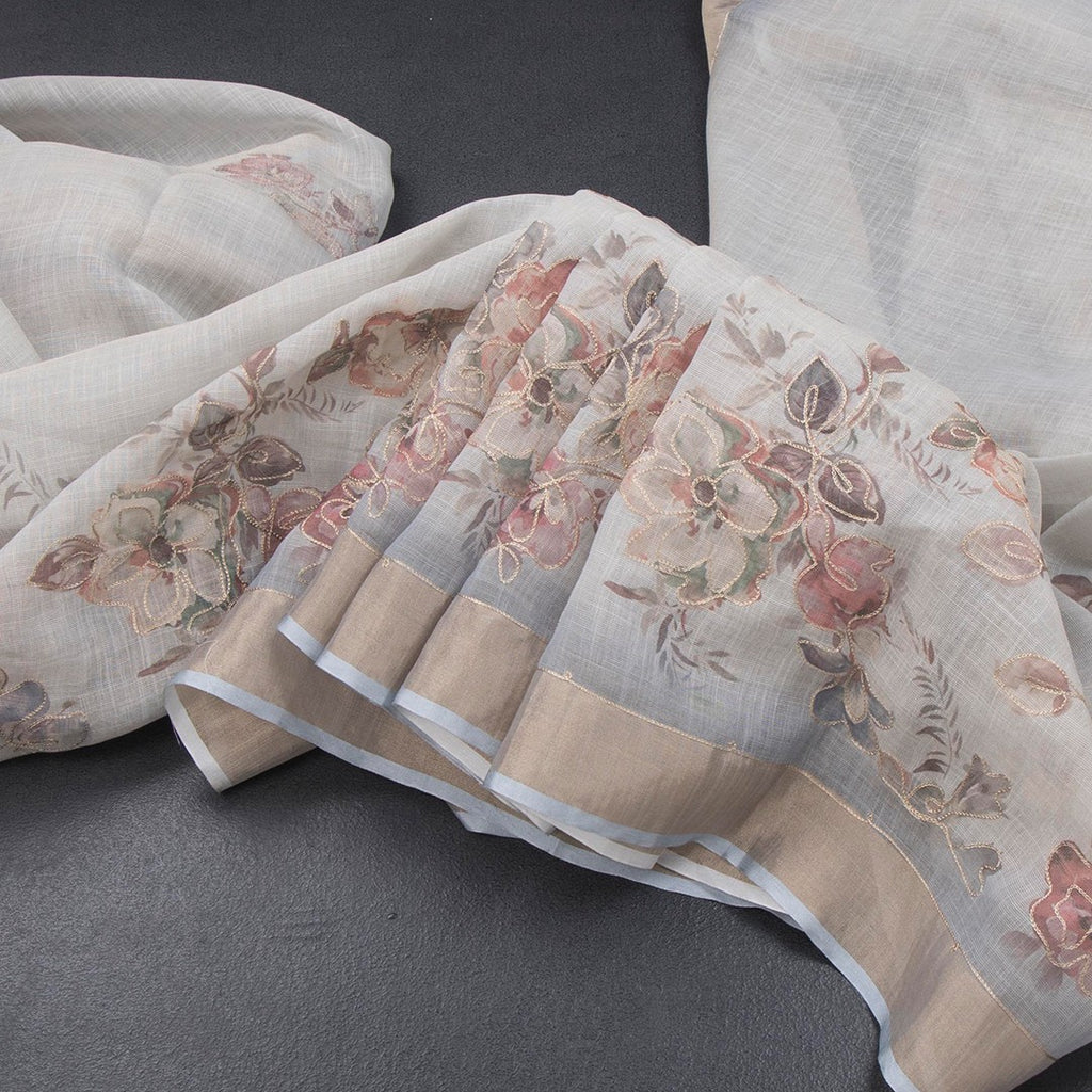 Linen Light Grey Floral Painted With Zari Work Saree