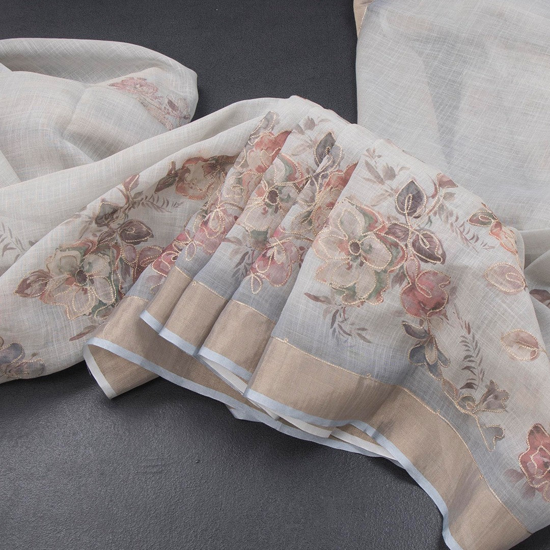 Linen Light Grey Floral Painted With Zari Work Saree