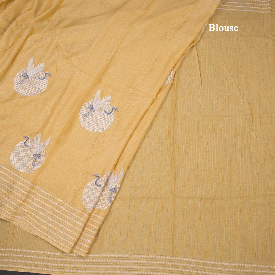 Raw Silk Yellow Thread Work Saree In Bird Design