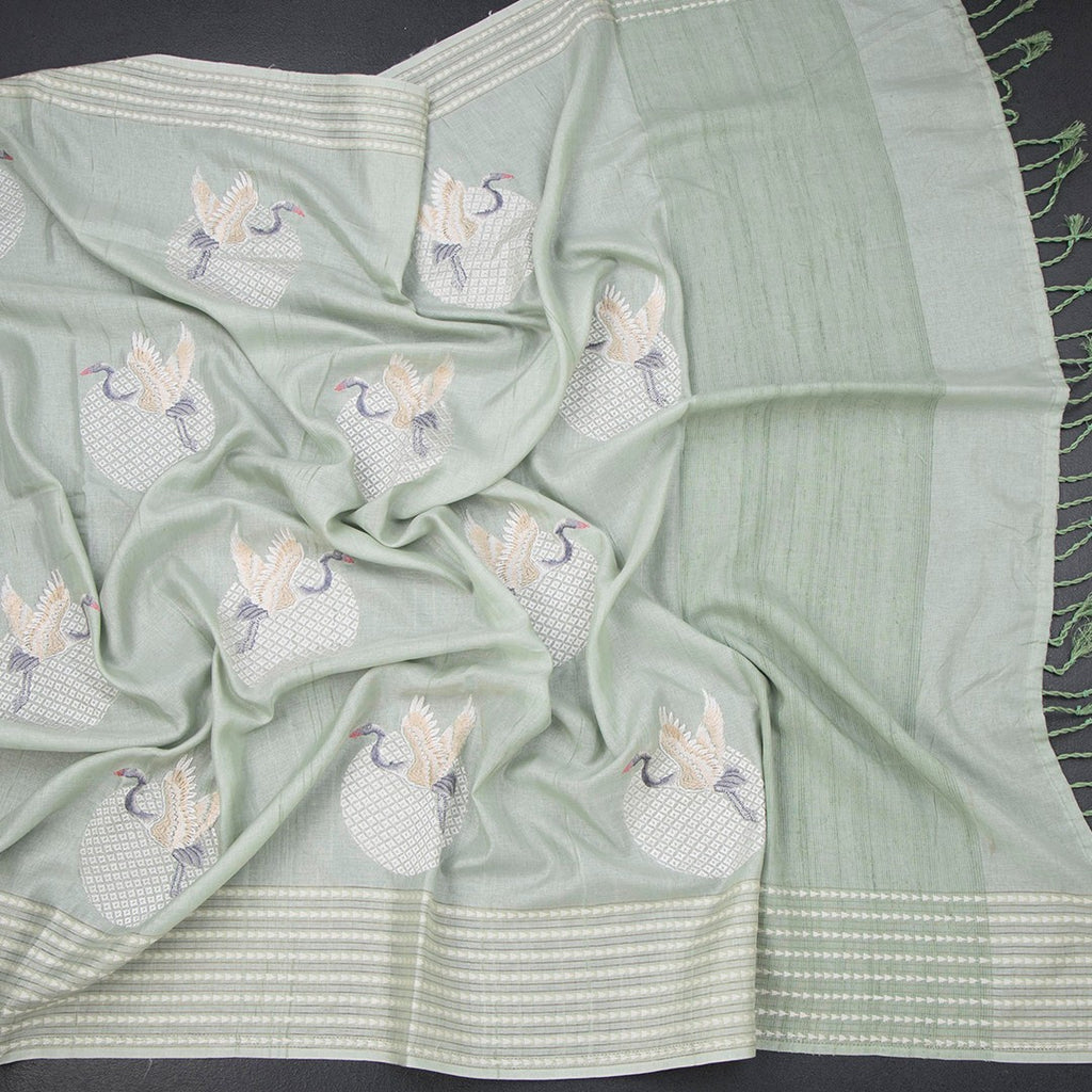 Raw Silk Light Green Thread Work Saree In Bird Design