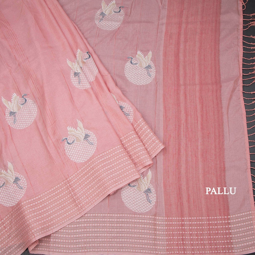 Raw Silk Rose Pink Thread Work Saree In Bird Design