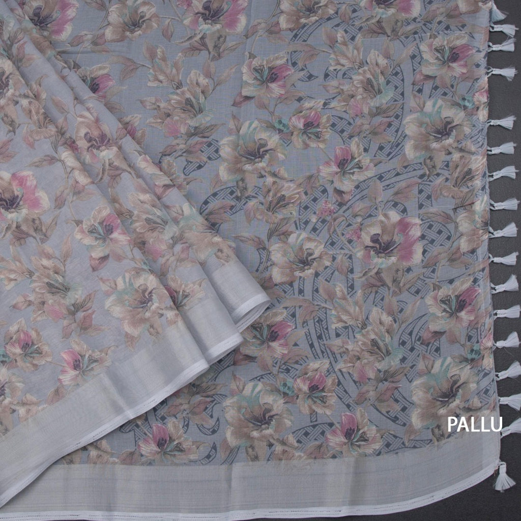 Semi Linen Grey Floral Printed Saree 08