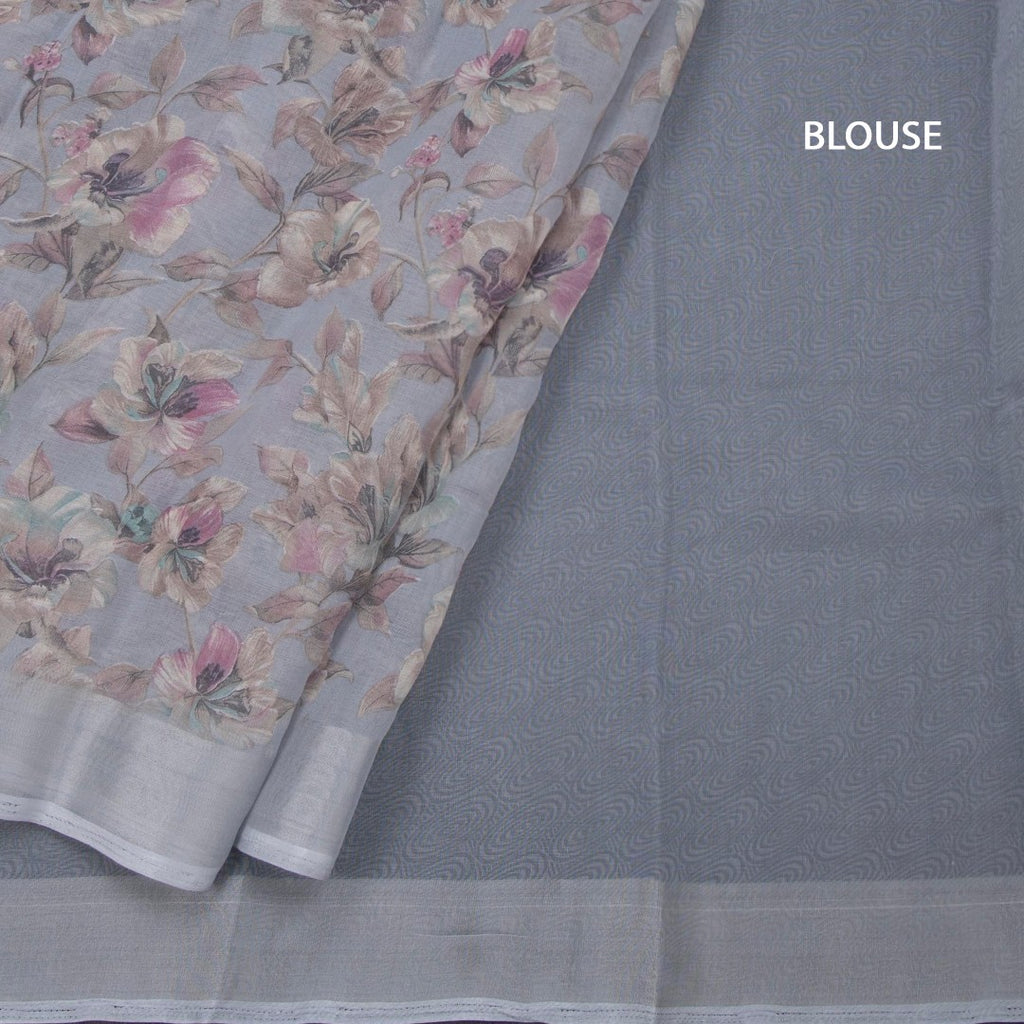 Semi Linen Grey Floral Printed Saree 08
