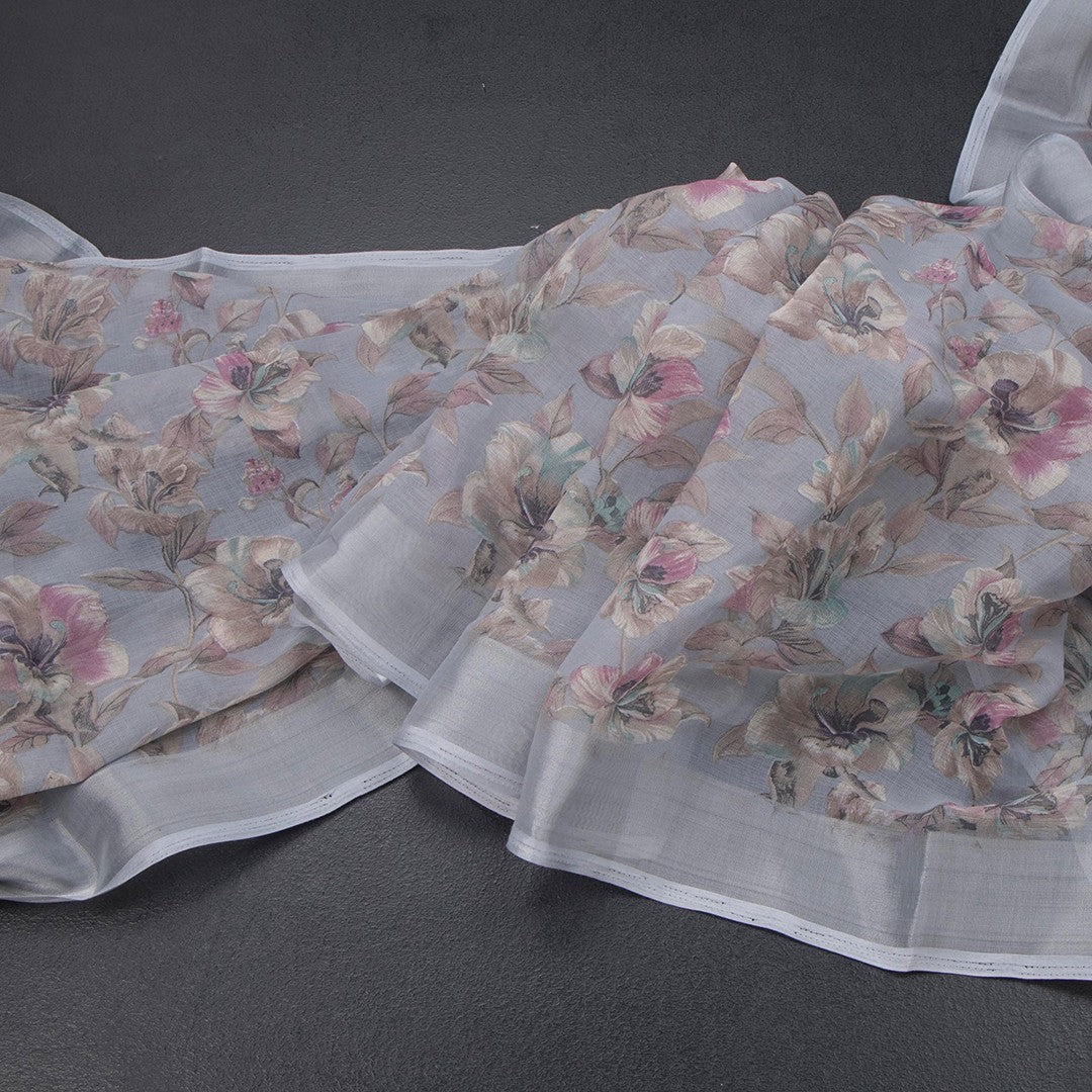 Semi Linen Grey Floral Printed Saree 08