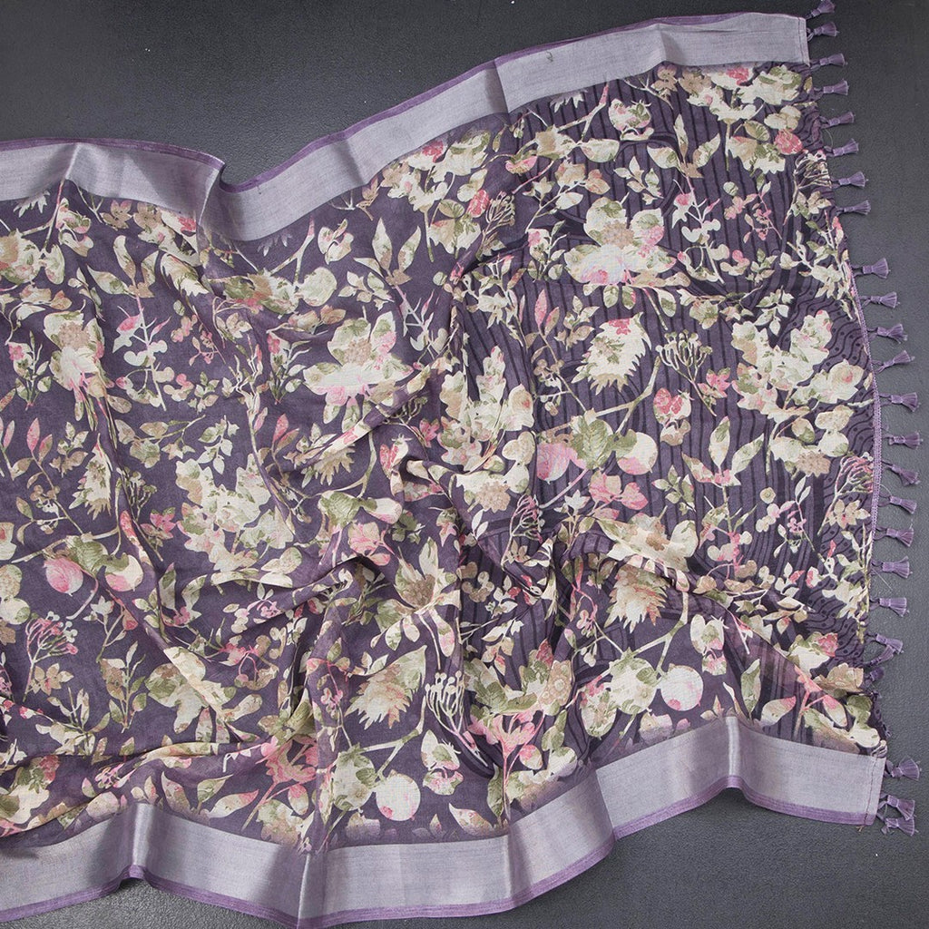 Semi Linen Violet Floral Printed Saree 02