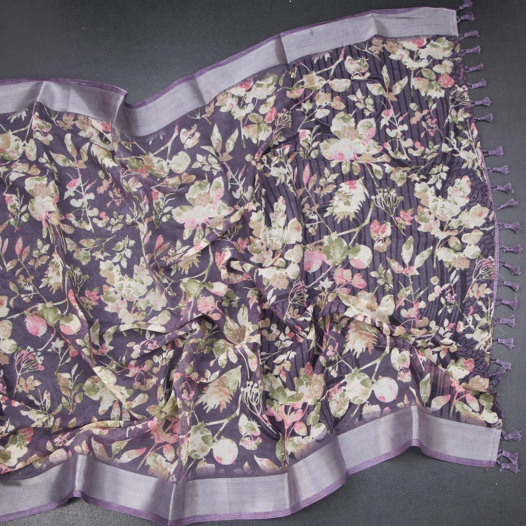 Semi Linen Violet Floral Printed Saree 02