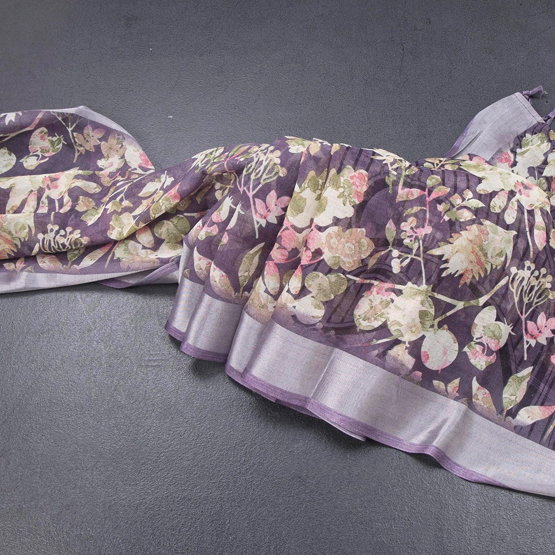 Semi Linen Violet Floral Printed Saree 02