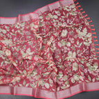 Semi Linen Reddish Pink Floral Printed Saree
