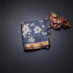 Semi Raw Silk Dark Blue Zari Checks With Floral Printed Saree