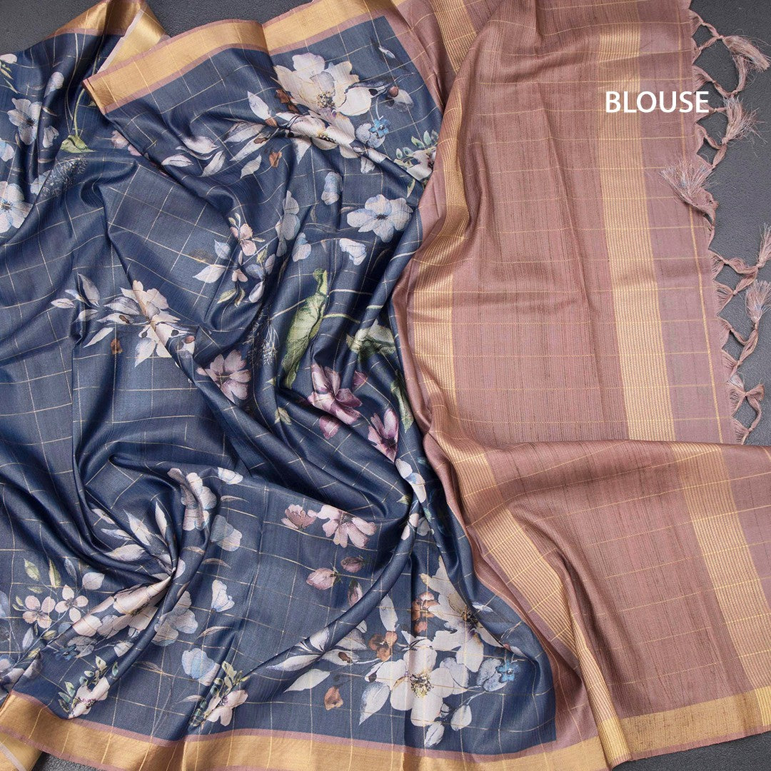 Semi Raw Silk Dark Blue Zari Checks With Floral Printed Saree