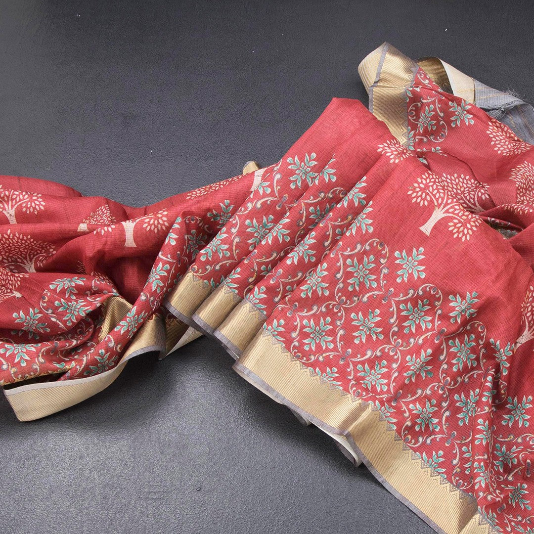 Semi Raw Silk Red Tree Printed Saree And Zari Border