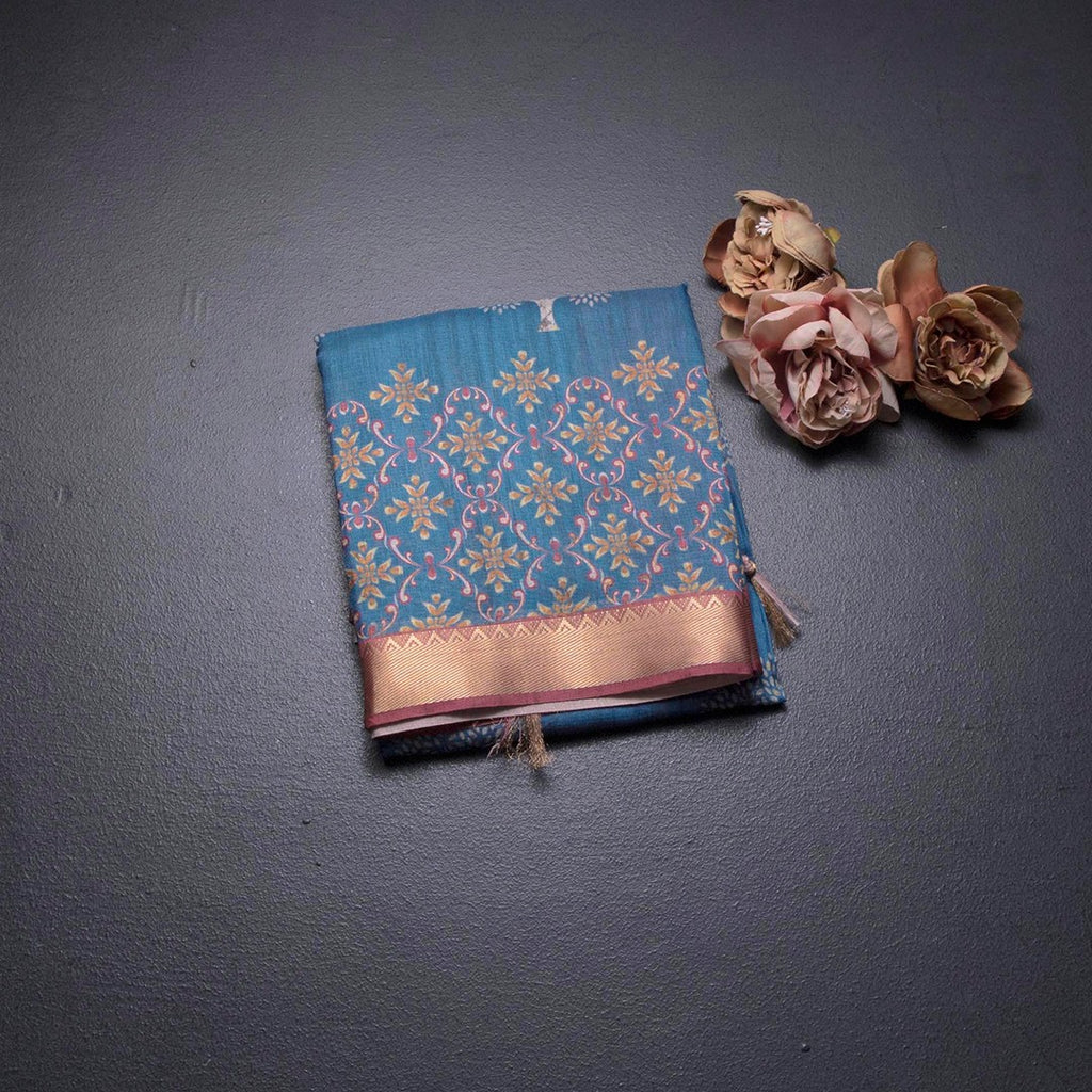 Semi Raw Silk Peacock Blue Tree Printed Saree And Zari Border