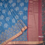 Semi Raw Silk Peacock Blue Tree Printed Saree And Zari Border