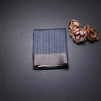 Semi Raw Silk Dark Blue Zari Checks With Floral Printed Saree 02