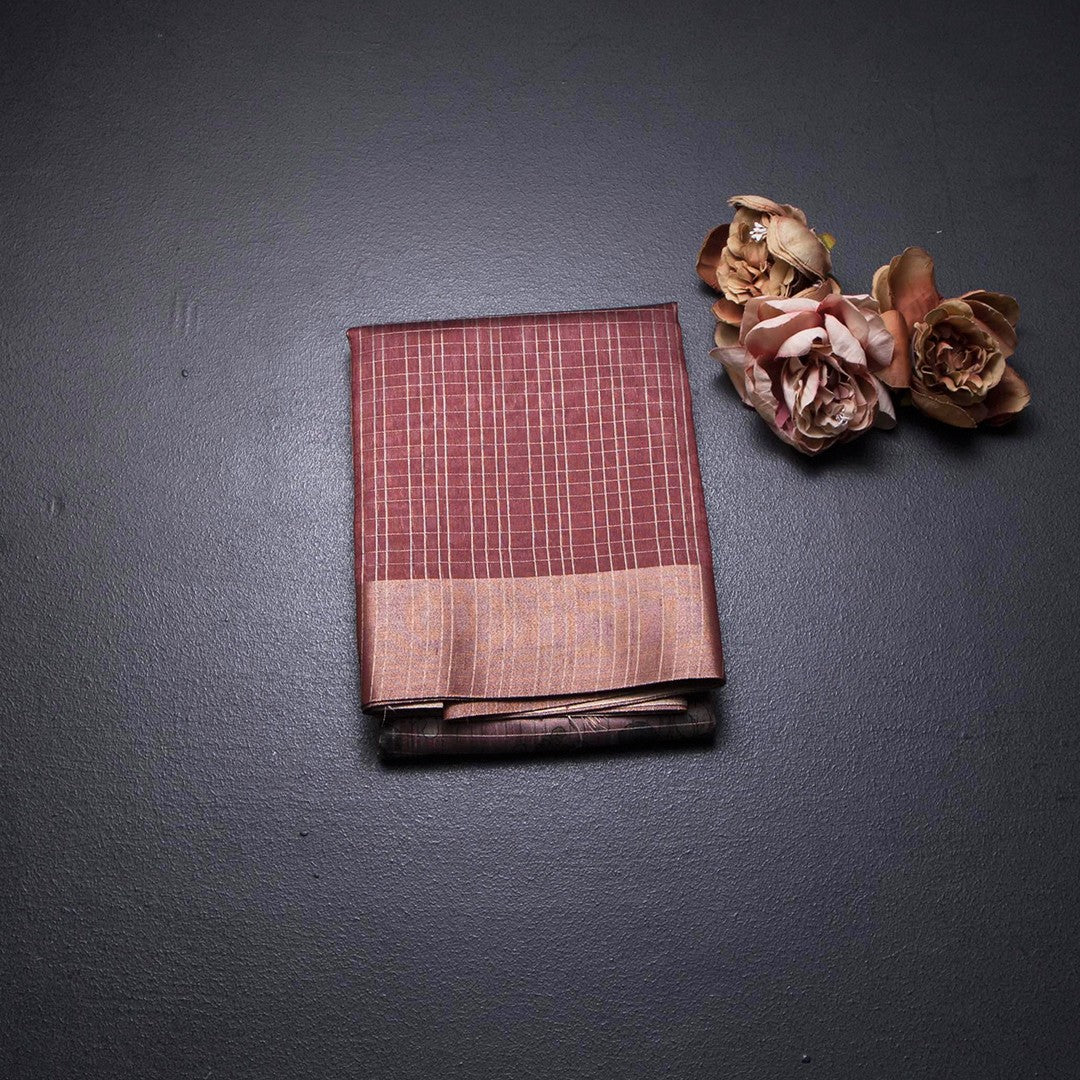 Semi Raw Silk Dark Brown Zari Checks With Floral Printed Saree