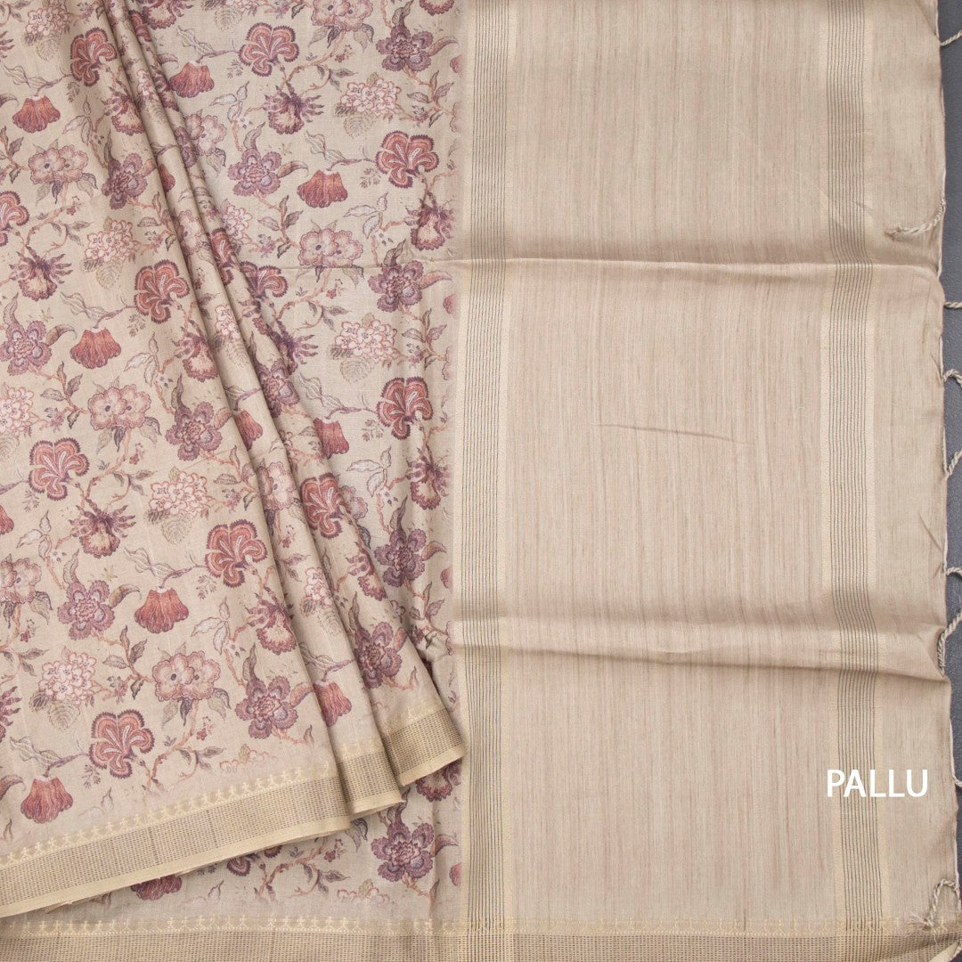 Raw Silk Beige Floral Printed Saree