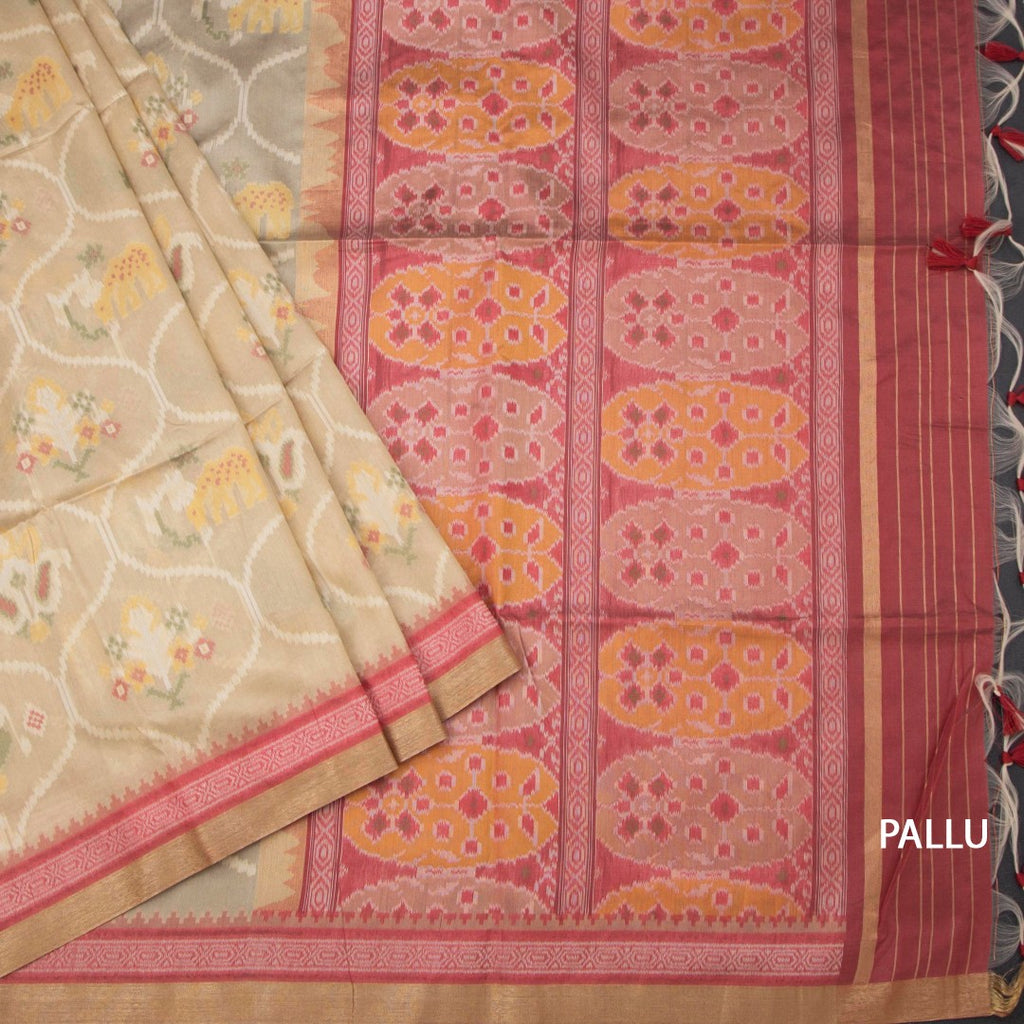 Raw Silk Cream Ikkat Printed Saree
