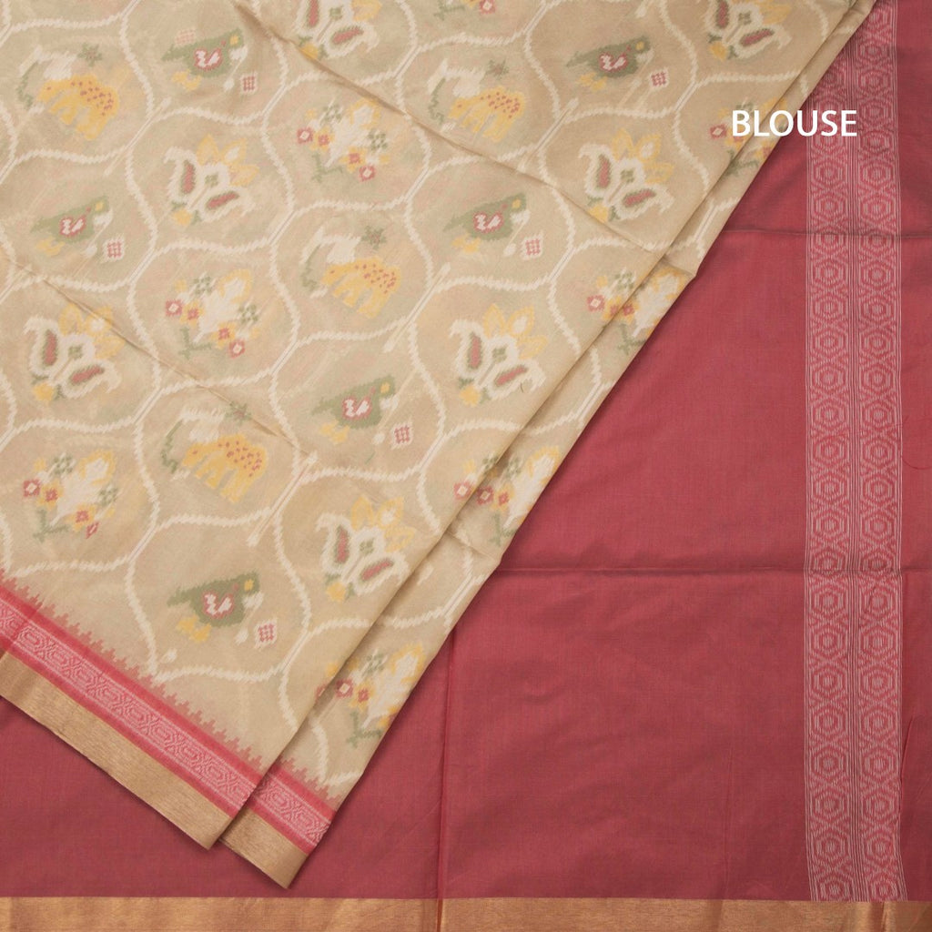 Raw Silk Cream Ikkat Printed Saree