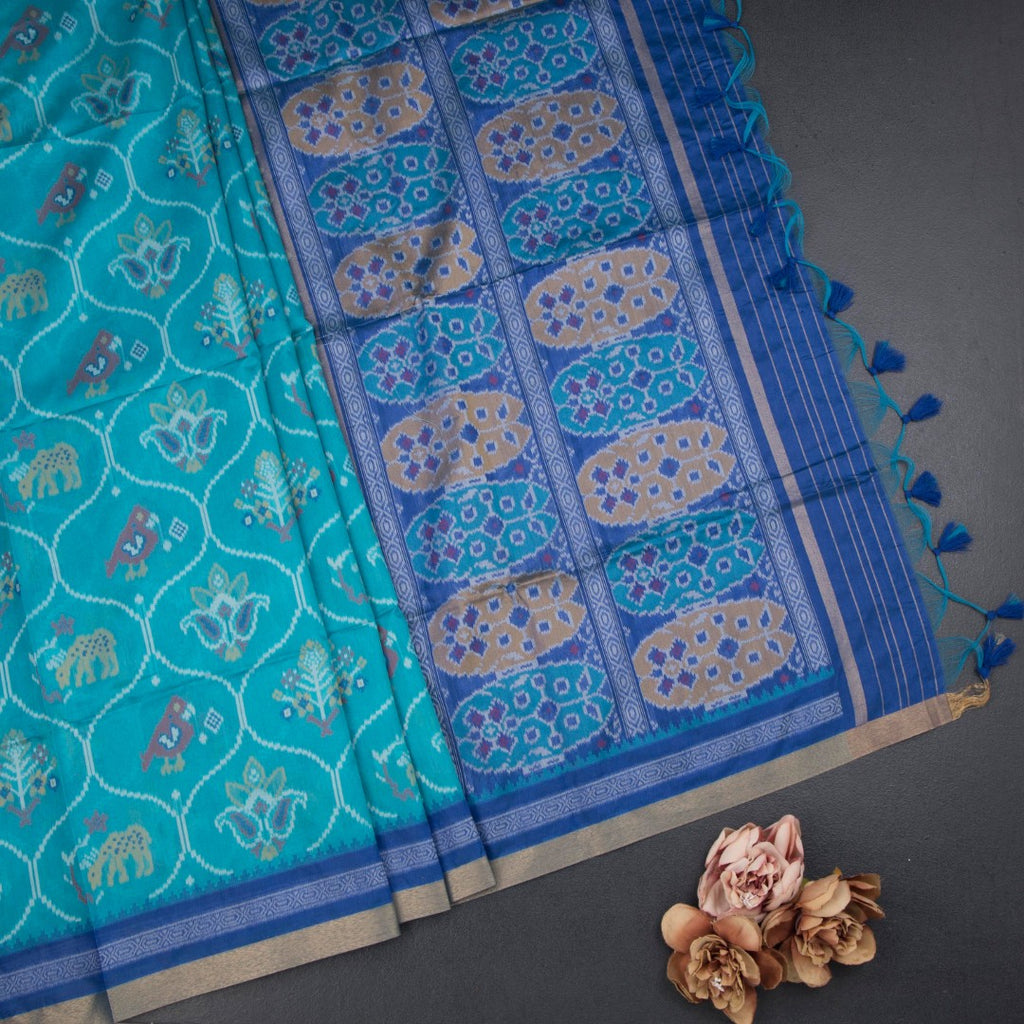 Raw Silk Rama Blue Ikkat Printed Saree