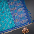 Raw Silk Rama Blue Ikkat Printed Saree